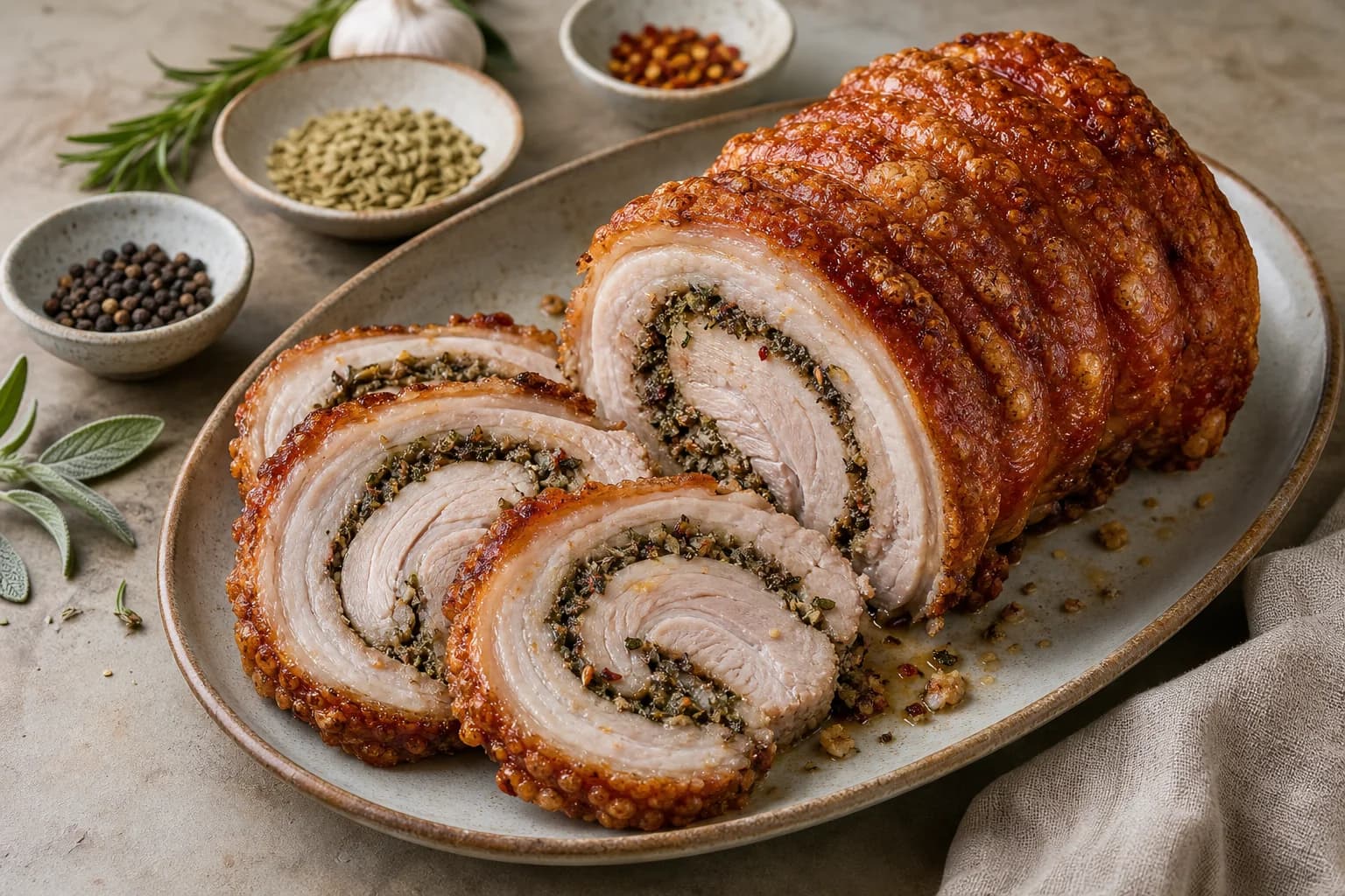 Sliced home-style porchetta with blistered crackling, a visible herb spiral, pork belly, and juicy loin.