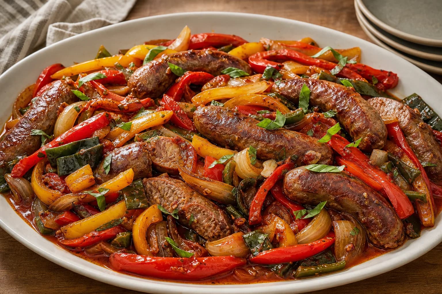 Italian American sausage and peppers with browned links, silky red and yellow peppers, onions, basil, and light pan juices.