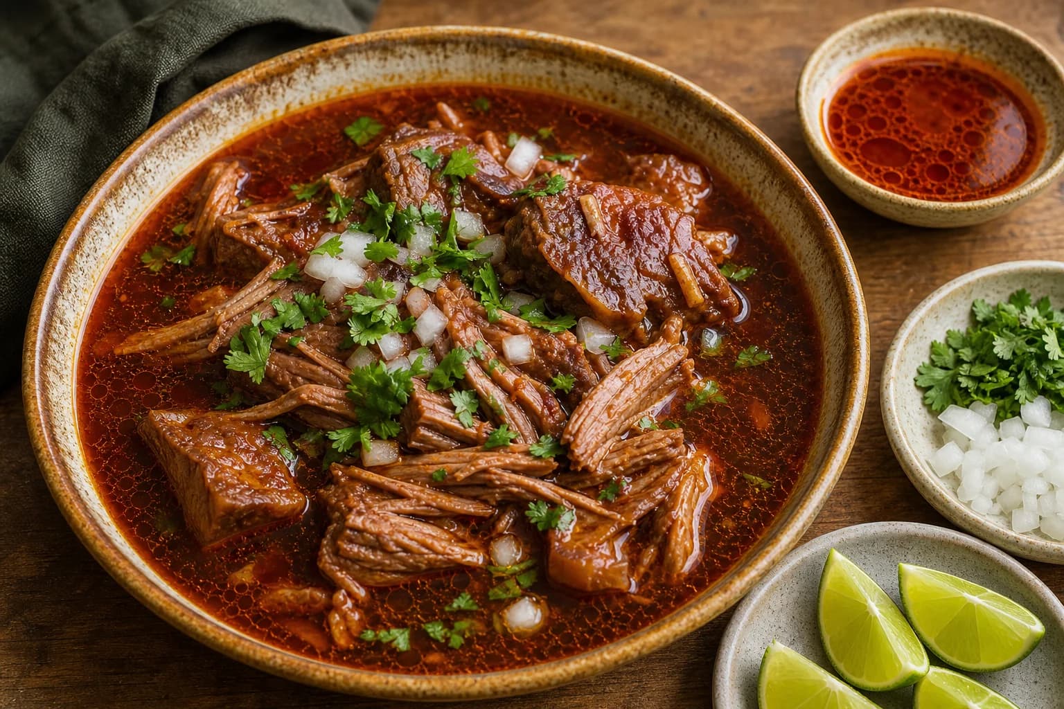 Jalisco-style beef birria in red consomé with large tender beef pieces, onion, cilantro, and lime.