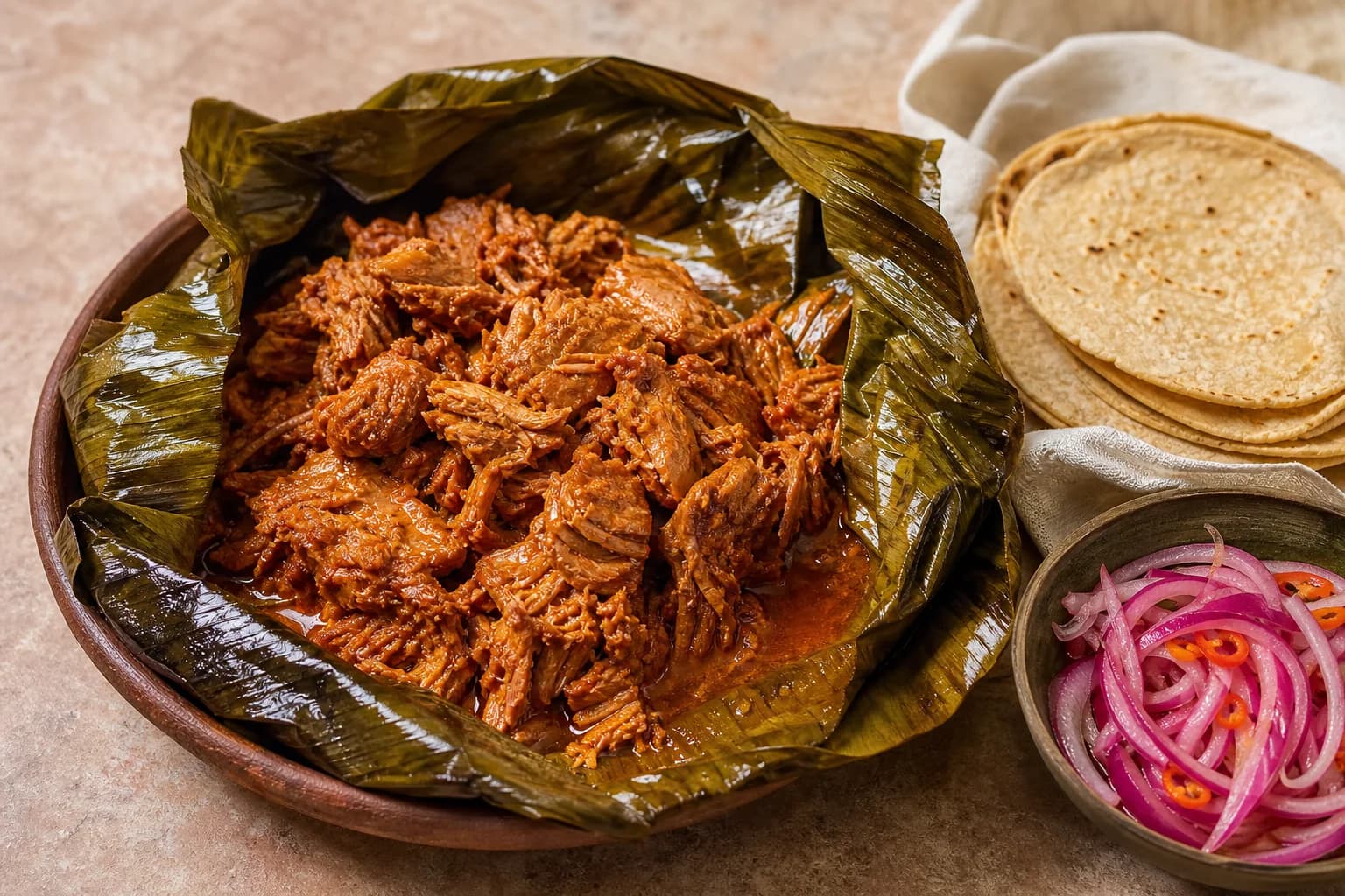 Yucatecan-style cochinita pibil with achiote pork, banana leaves, pickled red onion, habanero, tortillas, and citrus juices.