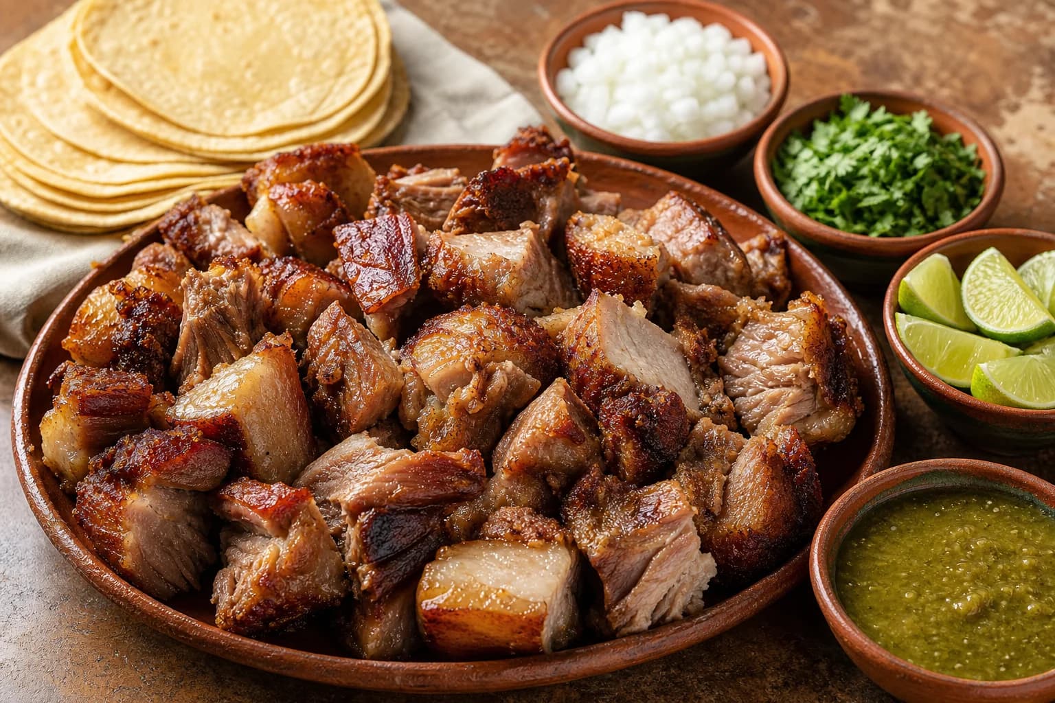 Michoacán-style carnitas with crisp bronze edges, juicy pork centers, tortillas, onion, cilantro, lime, and salsa verde.