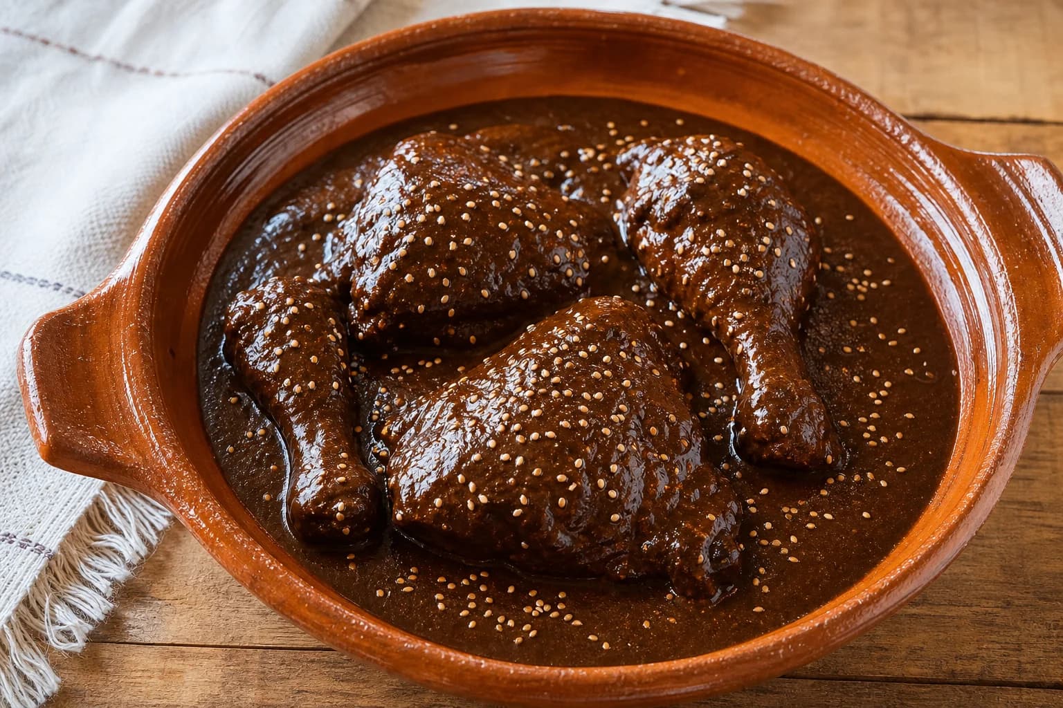 Puebla-style mole poblano chicken coated in a dark chile-nut sauce and finished with sesame seeds.