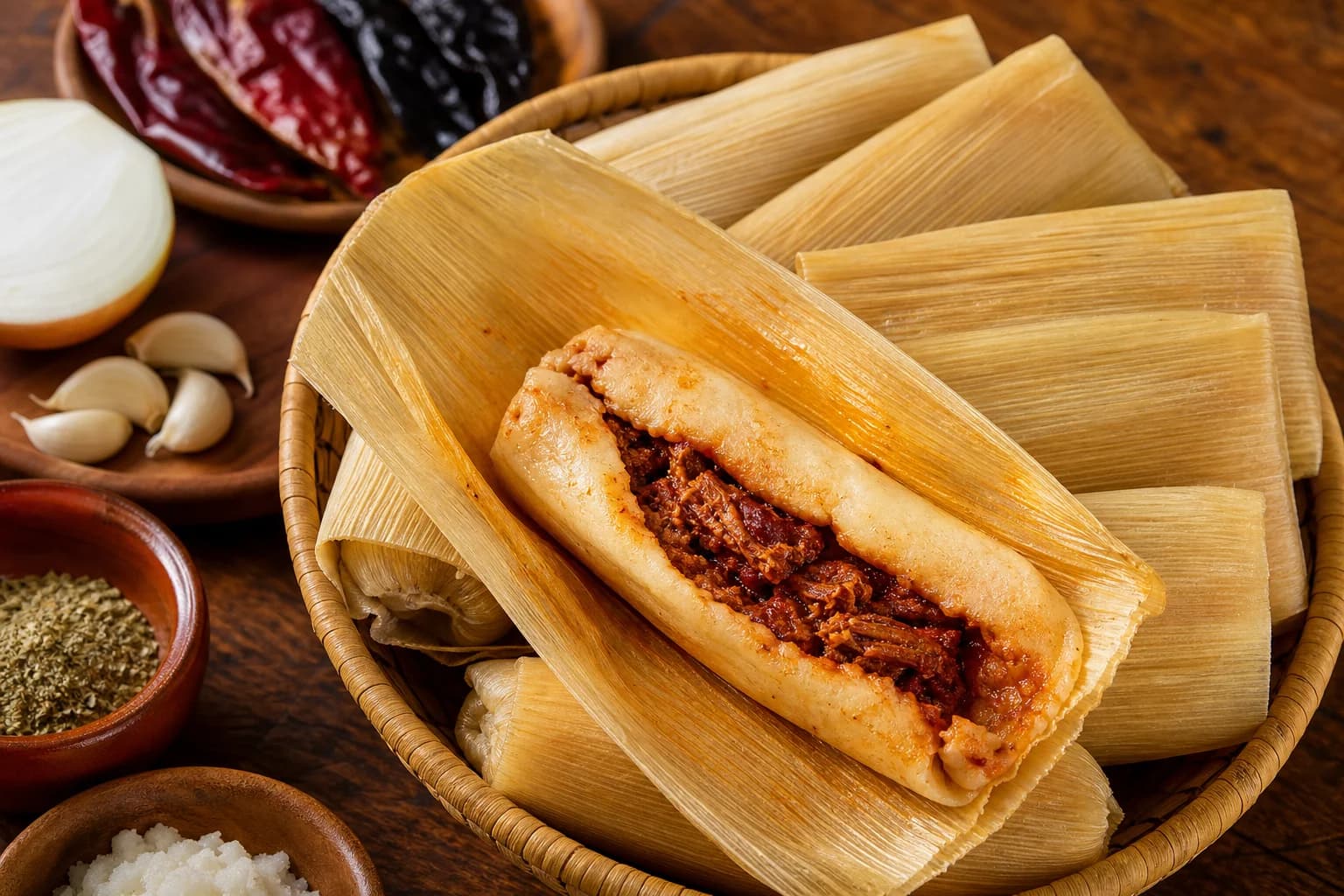 Red chile pork tamales in corn husks with set masa, moist pork filling, red chile sauce, and an opened tamal.