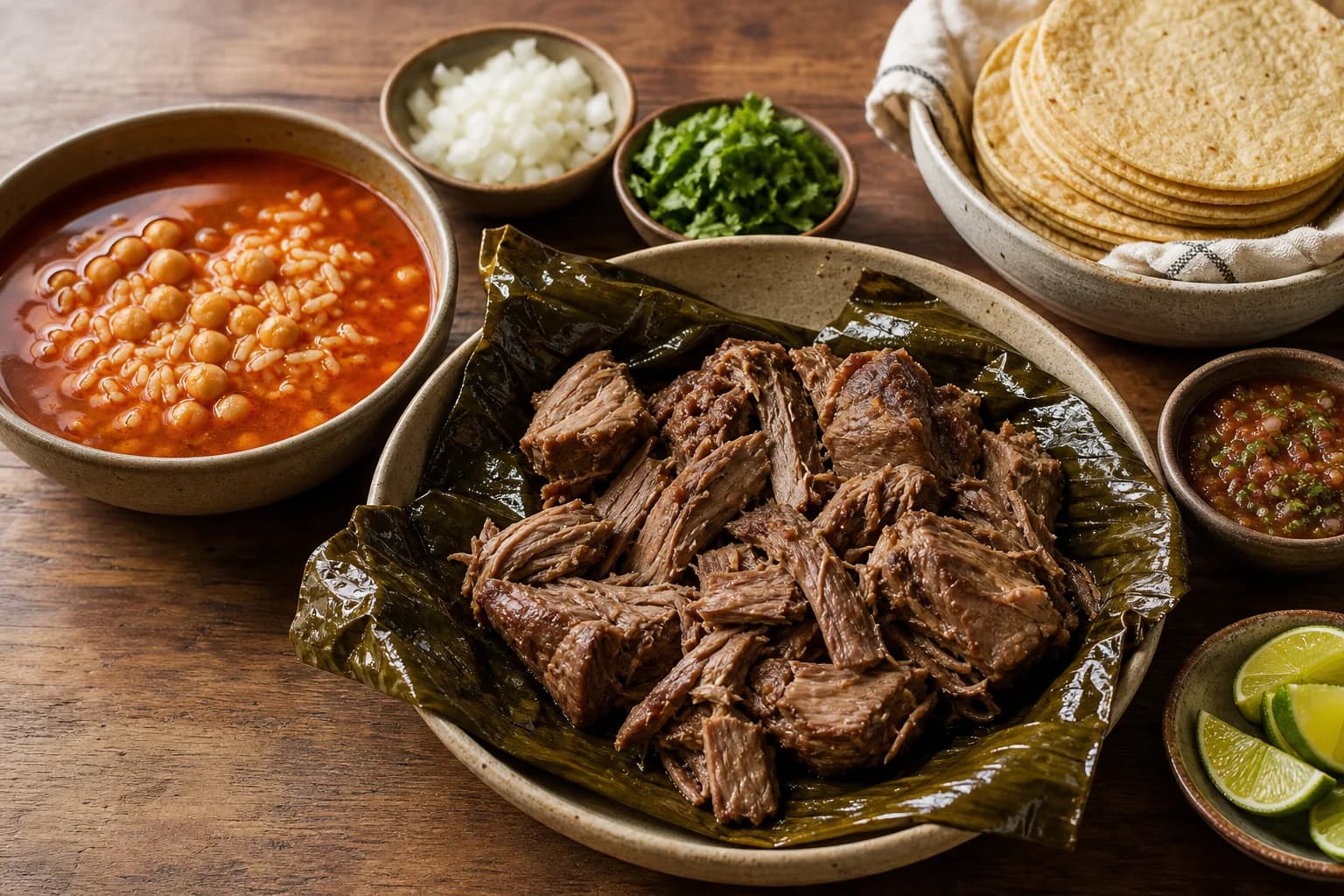 Banana-leaf-wrapped lamb barbacoa pulled into large tender pieces beside chickpea-rice consommé, tortillas, onion, cilantro, and lime.
