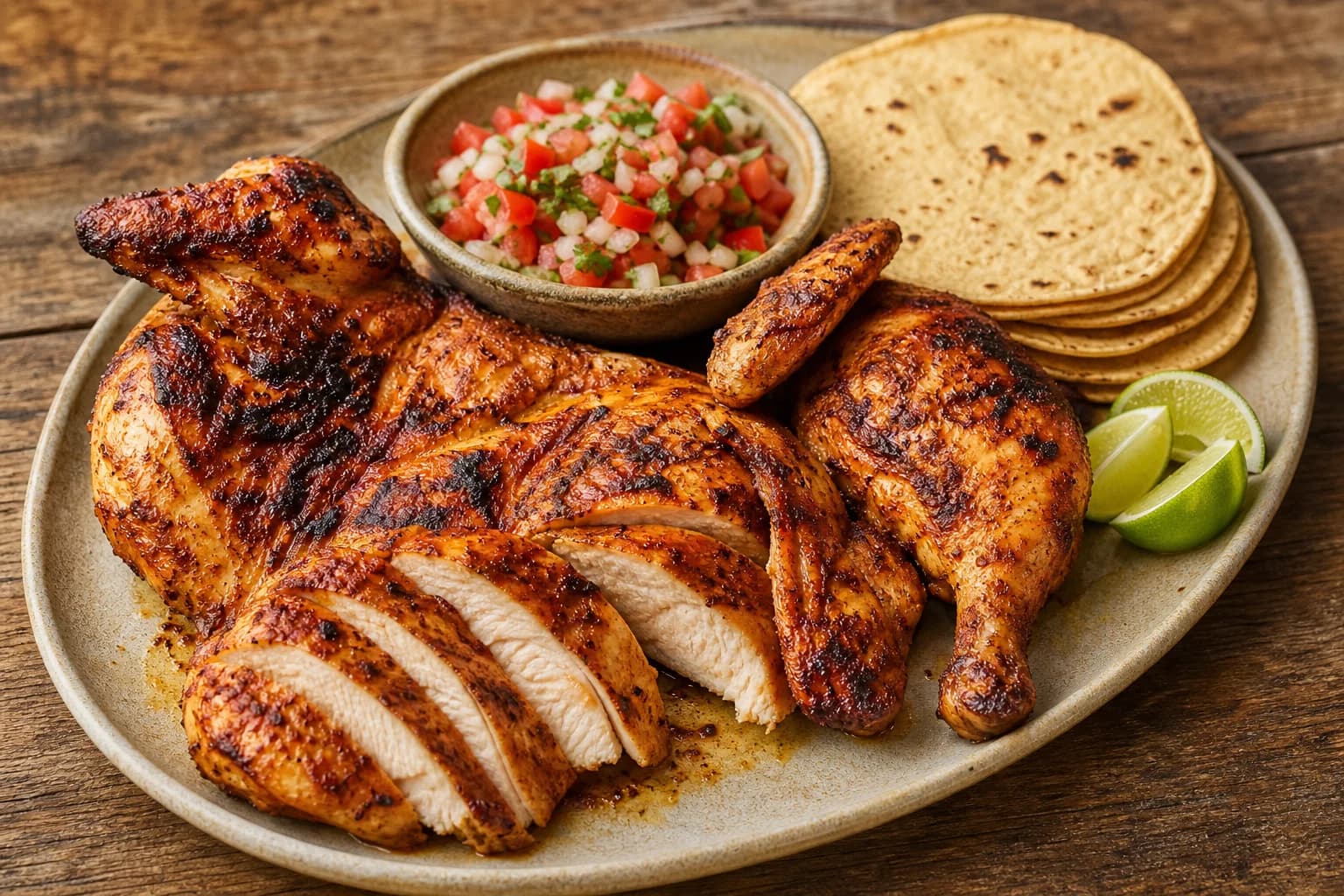 Carved achiote-citrus pollo asado with deeply marked skin, juicy breast and thigh meat, tortillas, pico de gallo, and lime.