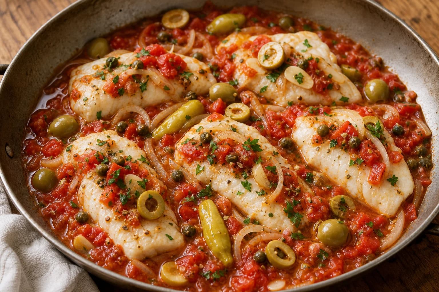 Veracruz-style fish fillets in chunky tomato sauce with olives, capers, güero chiles, herbs, and intact flaky pieces.