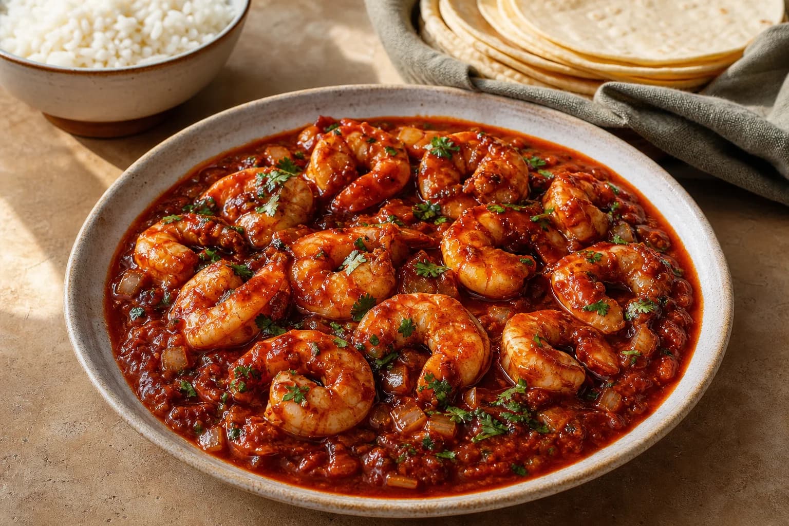 Camarones a la diabla with plump shrimp in a glossy guajillo, árbol, chipotle, and tomato sauce beside rice and tortillas.