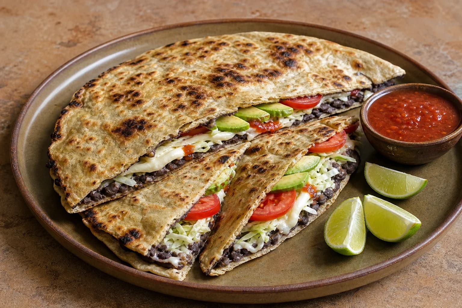 Folded Oaxacan tlayuda with black beans, asiento, quesillo, cabbage, tomato, avocado, salsa, and smoky brown spots.