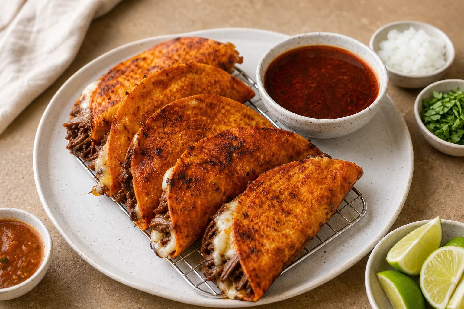Crisp red-brown quesabirria tacos filled with juicy birria and melted cheese beside hot consommé, onion, cilantro, and lime.