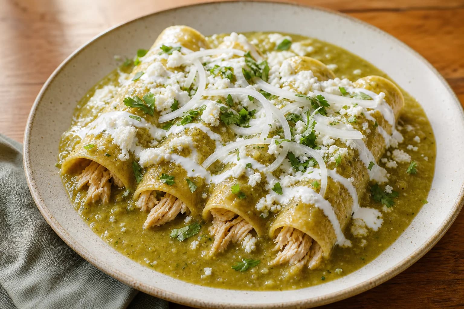 Central Mexican enchiladas verdes with chicken-filled corn tortillas, bright roasted tomatillo salsa, crema, queso fresco, onion, and cilantro.