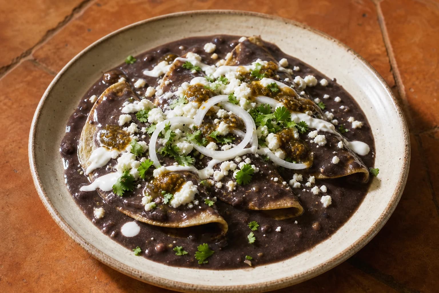 Oaxacan-style black-bean enfrijoladas folded in flowing avocado-leaf bean sauce with queso fresco, crema, onion, cilantro, and salsa.