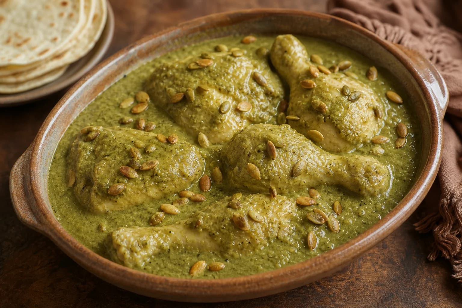 Chicken in green pumpkin-seed pipián with a smooth seed-forward tomatillo-herb sauce, tender chicken, toasted pepitas, and tortillas.