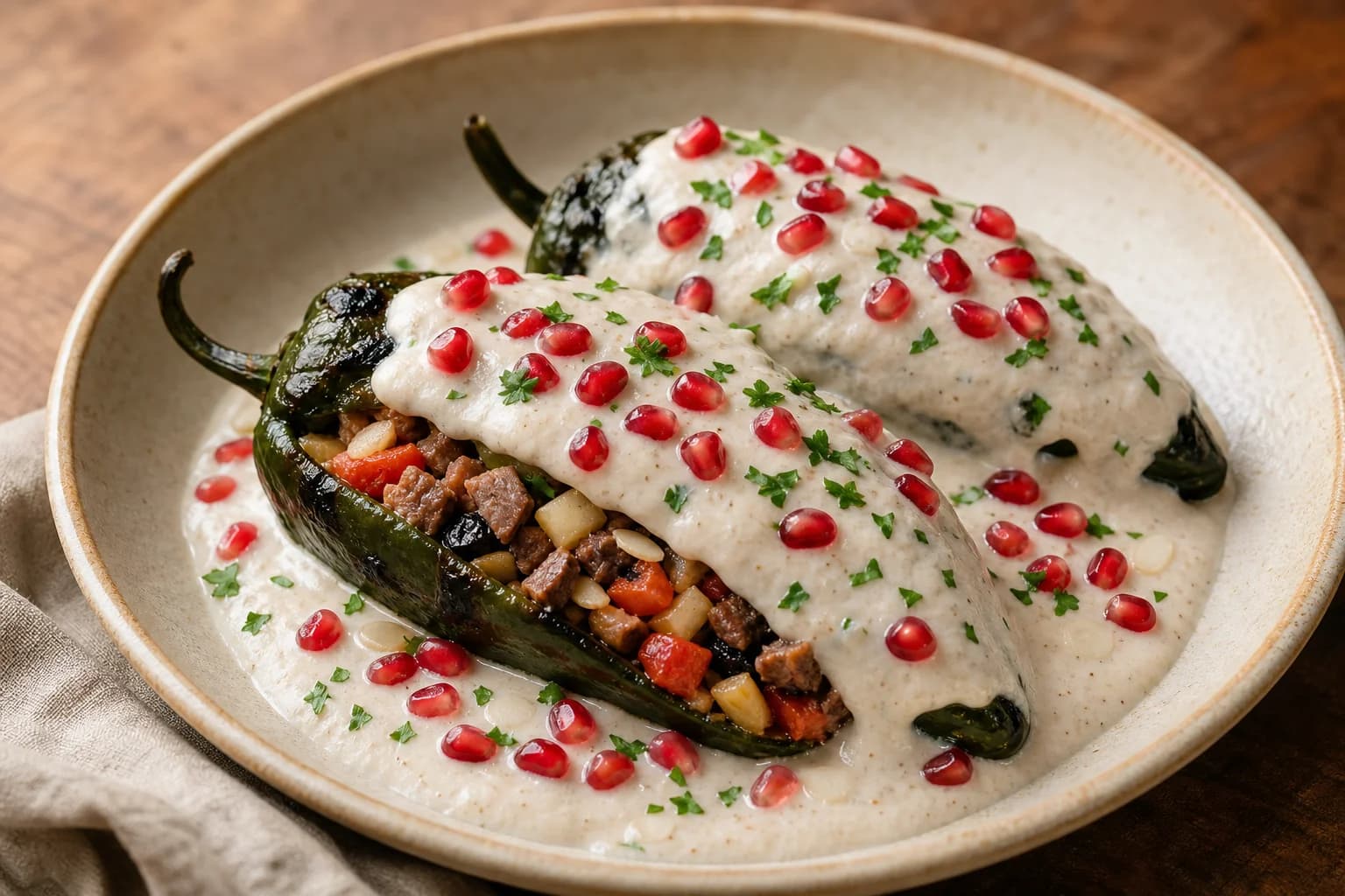 Pueblan chiles en nogada filled with pork, beef, orchard fruit, raisins, and almonds under cool walnut sauce, pomegranate, and parsley.