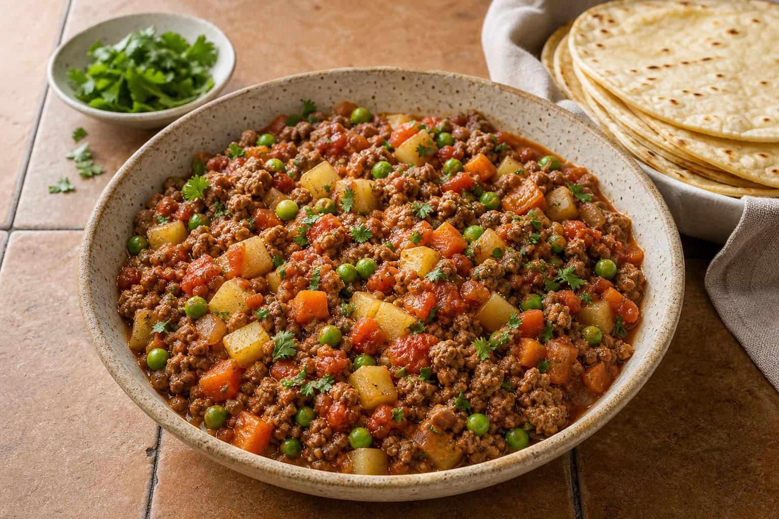 Mexican beef picadillo with browned crumbled beef, diced potatoes, carrots, peas, fresh tomato sauce, cilantro, and tortillas.