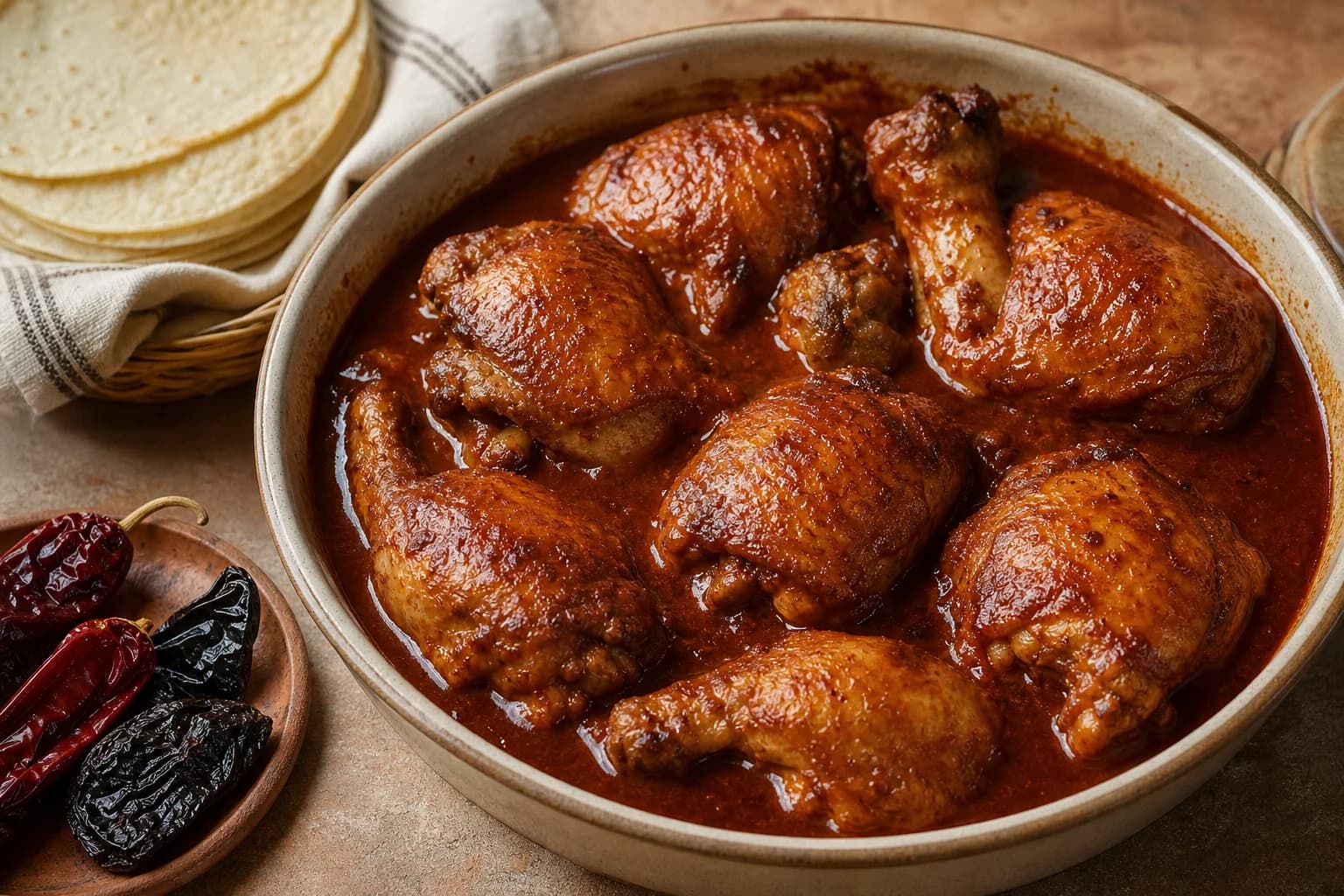 Pollo en adobo with browned chicken thighs in a glossy guajillo-ancho, tomato, orange, and vinegar sauce beside tortillas.