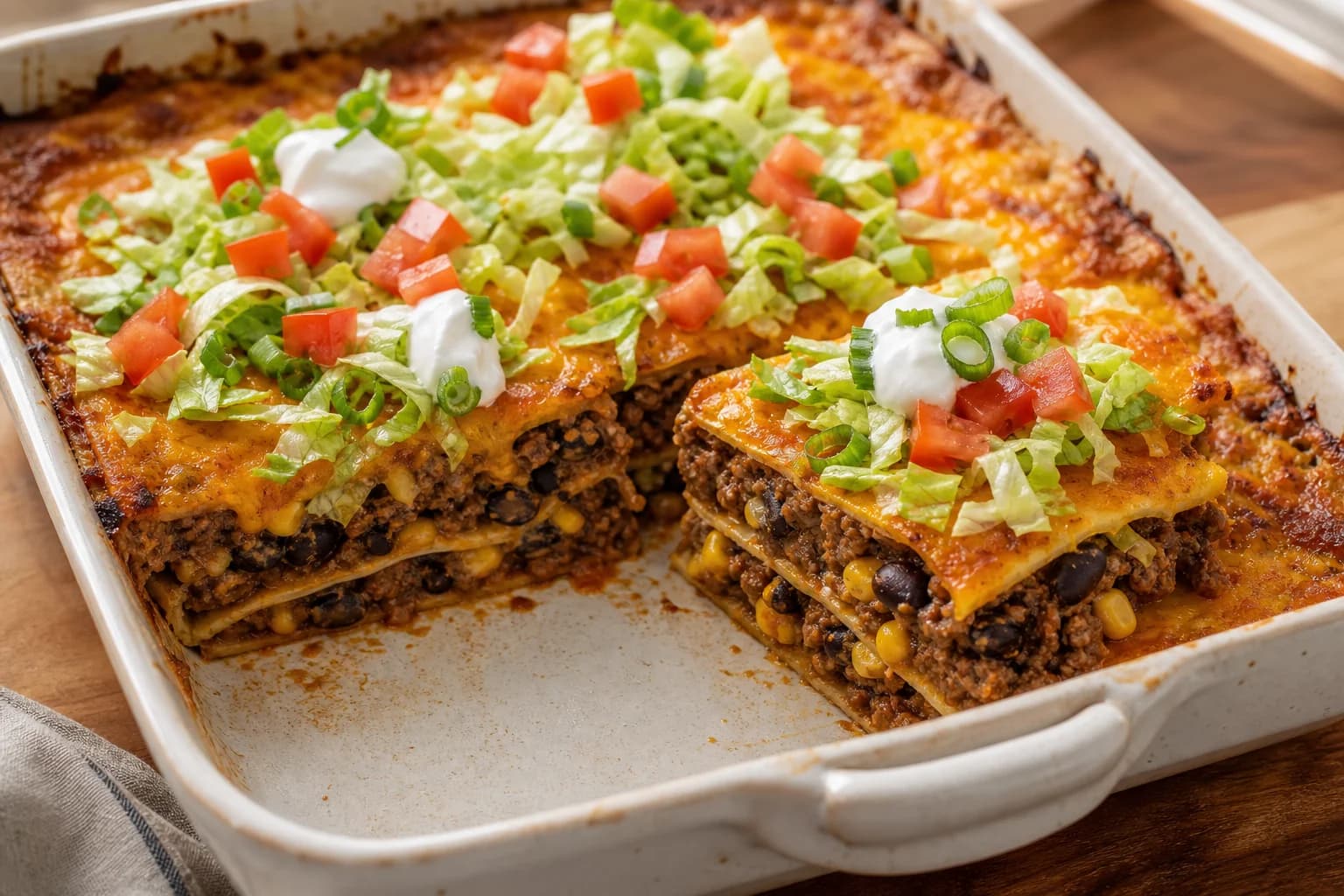 Sliced Tex-Mex beef taco casserole with layered corn tortillas, seasoned beef, beans, corn, browned cheese, lettuce, tomato, sour cream, and scallions.