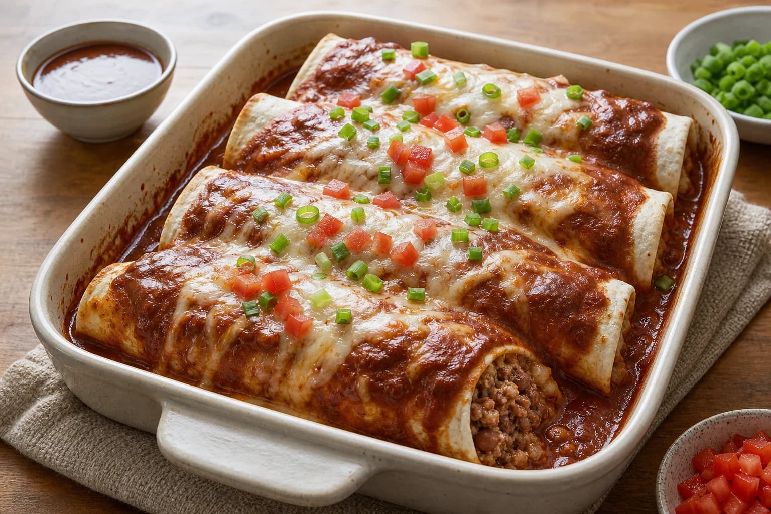 Tex-Mex smothered beef burritos with flour tortillas, seasoned beef, refried beans, ancho gravy, bubbling Jack cheese, tomato, and scallions.
