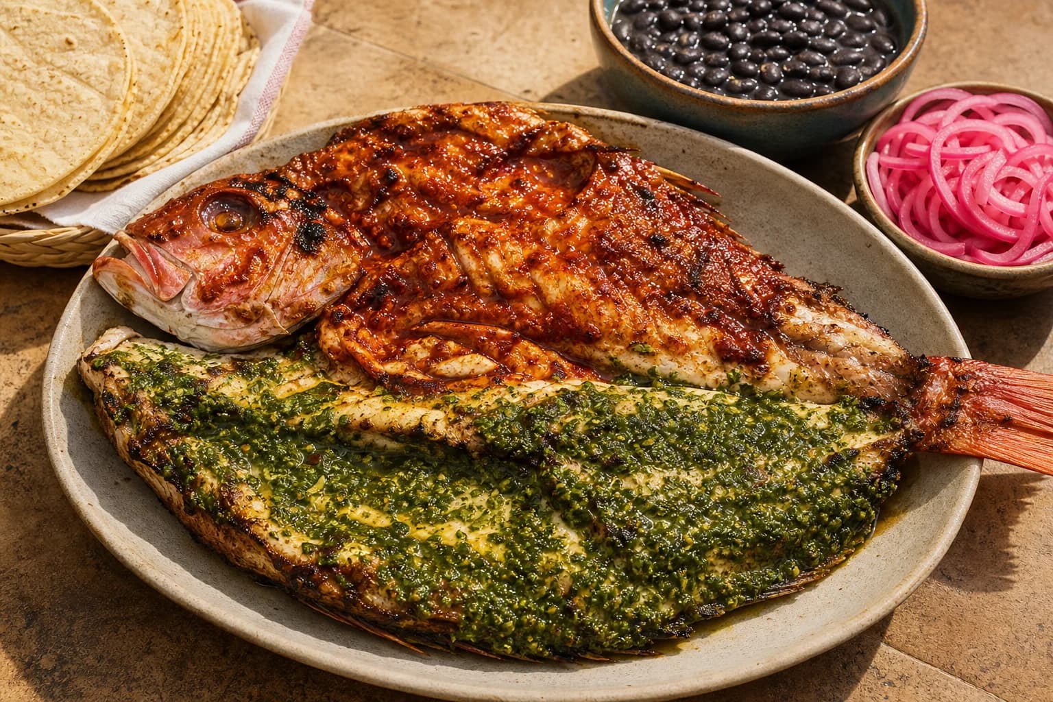 Whole grilled huachinango a la talla with one red-adobo half, one parsley-serrano half, browned skin, tortillas, beans, and pickled onion.
