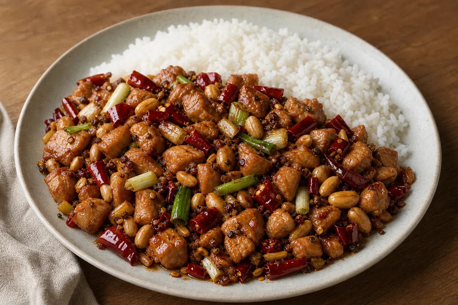 Sichuan-leaning kung pao chicken with evenly diced glazed chicken, peanuts, dried chiles, Sichuan pepper, and scallions.