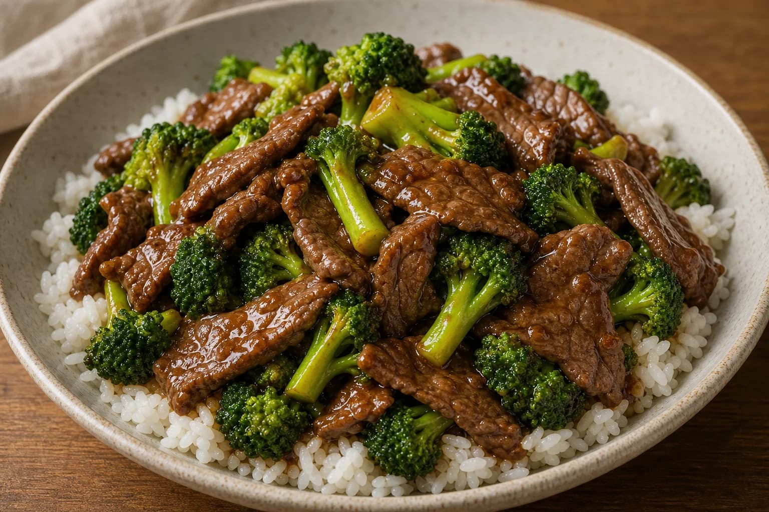 Chinese American beef and broccoli with thin browned flank steak, vivid green florets, and a light glossy oyster-soy sauce over rice.