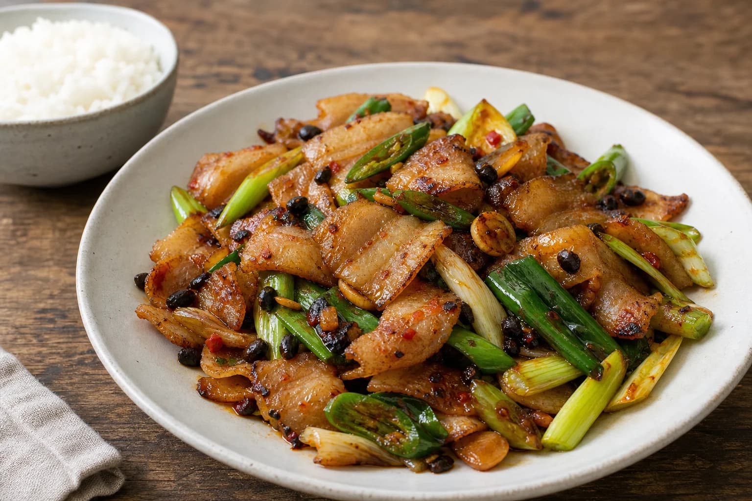 Sichuan twice-cooked pork with thin curled belly slices, leeks, green chiles, scallions, and a glossy fermented chile-bean coating.