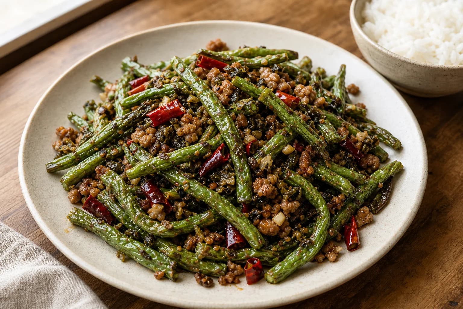 Sichuan dry-fried green beans with blistered wrinkled pods, crisp pork, ya cai, dried chiles, garlic, ginger, and no loose sauce.