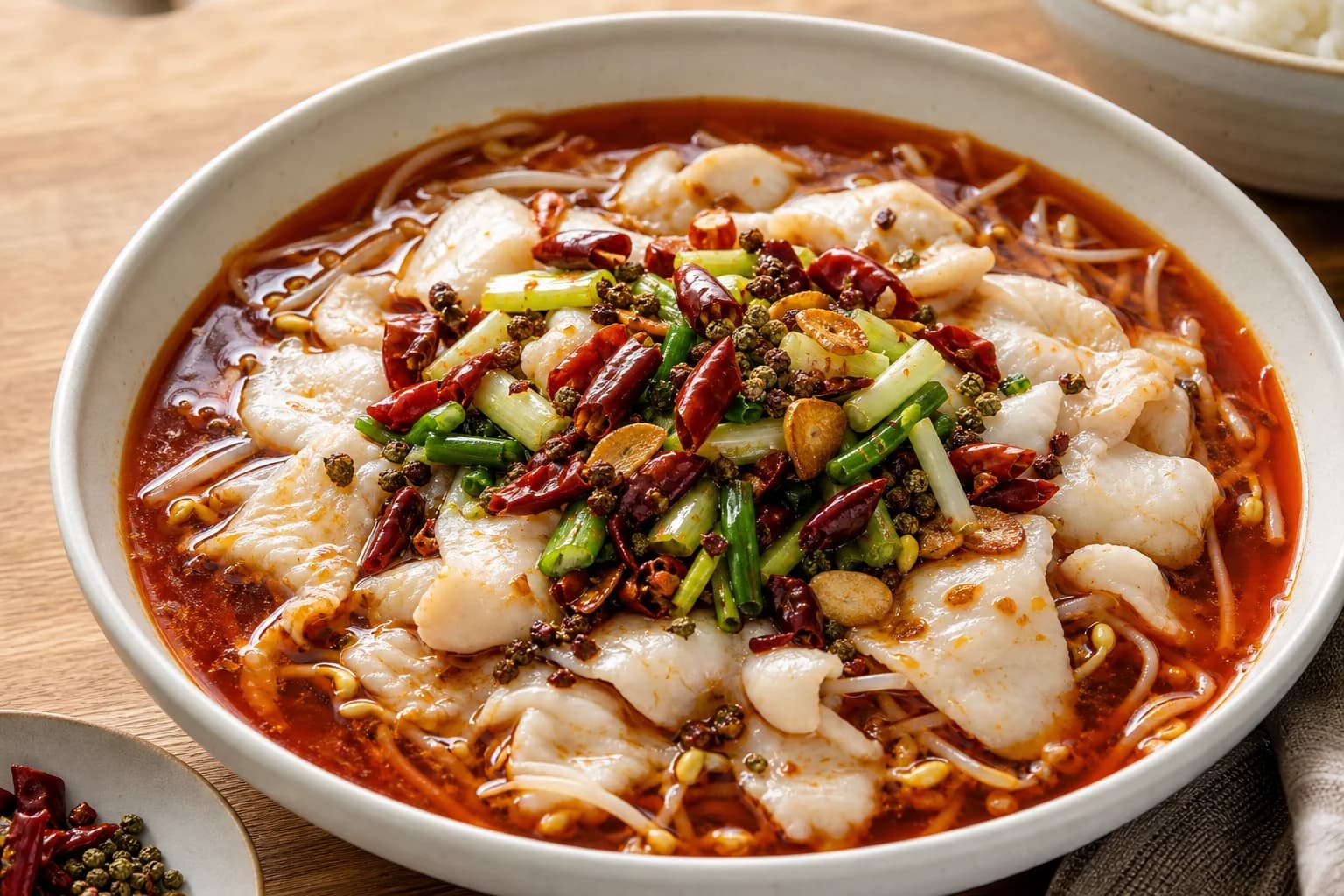 Sichuan–Chongqing boiled fish with delicate white fish slices, bean sprouts, red broth, dried chiles, Sichuan peppercorns, scallions, and sizzling oil.