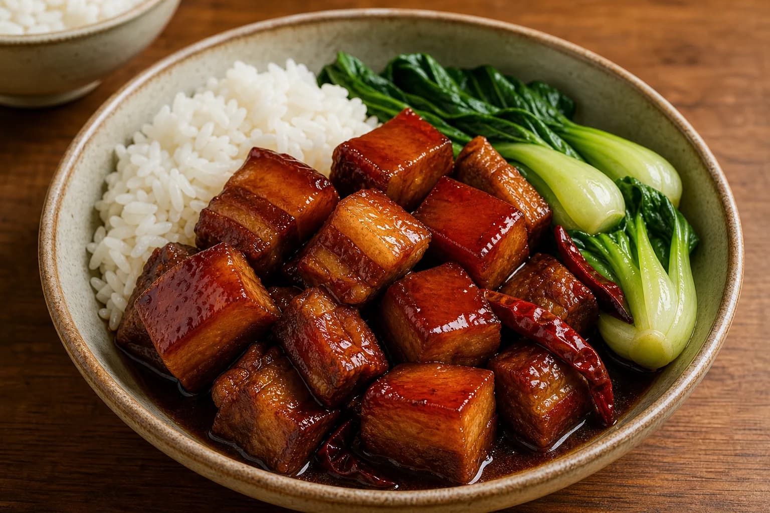 Hunan-style red-braised pork belly with glossy amber-red cubes, intact skin and layers, light chile warmth, rice, and bok choy.