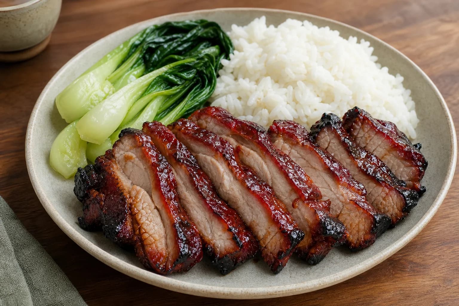 Cantonese char siu pork with glossy mahogany strips, charred edges, juicy sliced centers, rice, and bok choy.