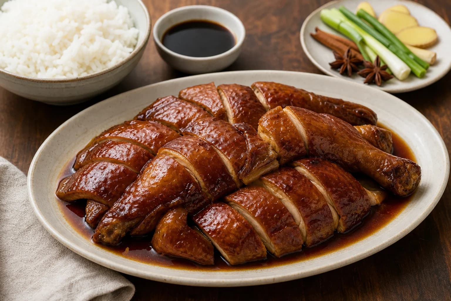 Cantonese soy sauce chicken chopped through the bone with glossy mahogany skin, juicy meat, rice, scallions, and strained sauce.