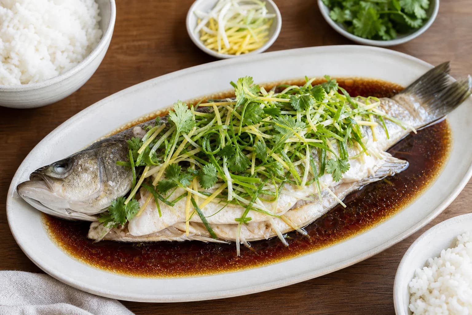 Whole Cantonese steamed fish on a platter with intact head and tail, fresh ginger, scallions, cilantro, soy, and sizzling oil.