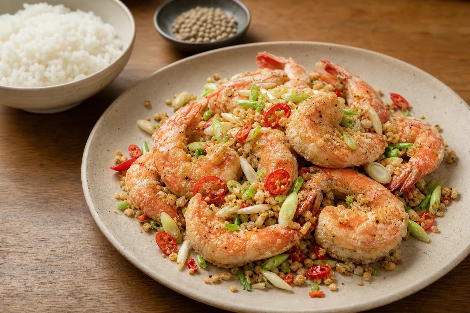 Cantonese salt and pepper shrimp with crisp shell-on shrimp, pale-gold starch, fried garlic, red chile, scallions, and a dry finish.