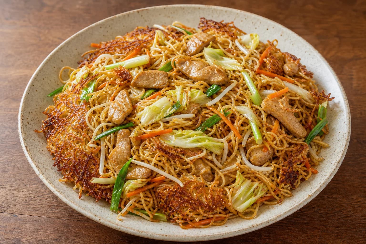 Chicken chow mein with crisp-edged golden noodles, browned chicken, cabbage, carrot, bean sprouts, and scallions in a light glaze.