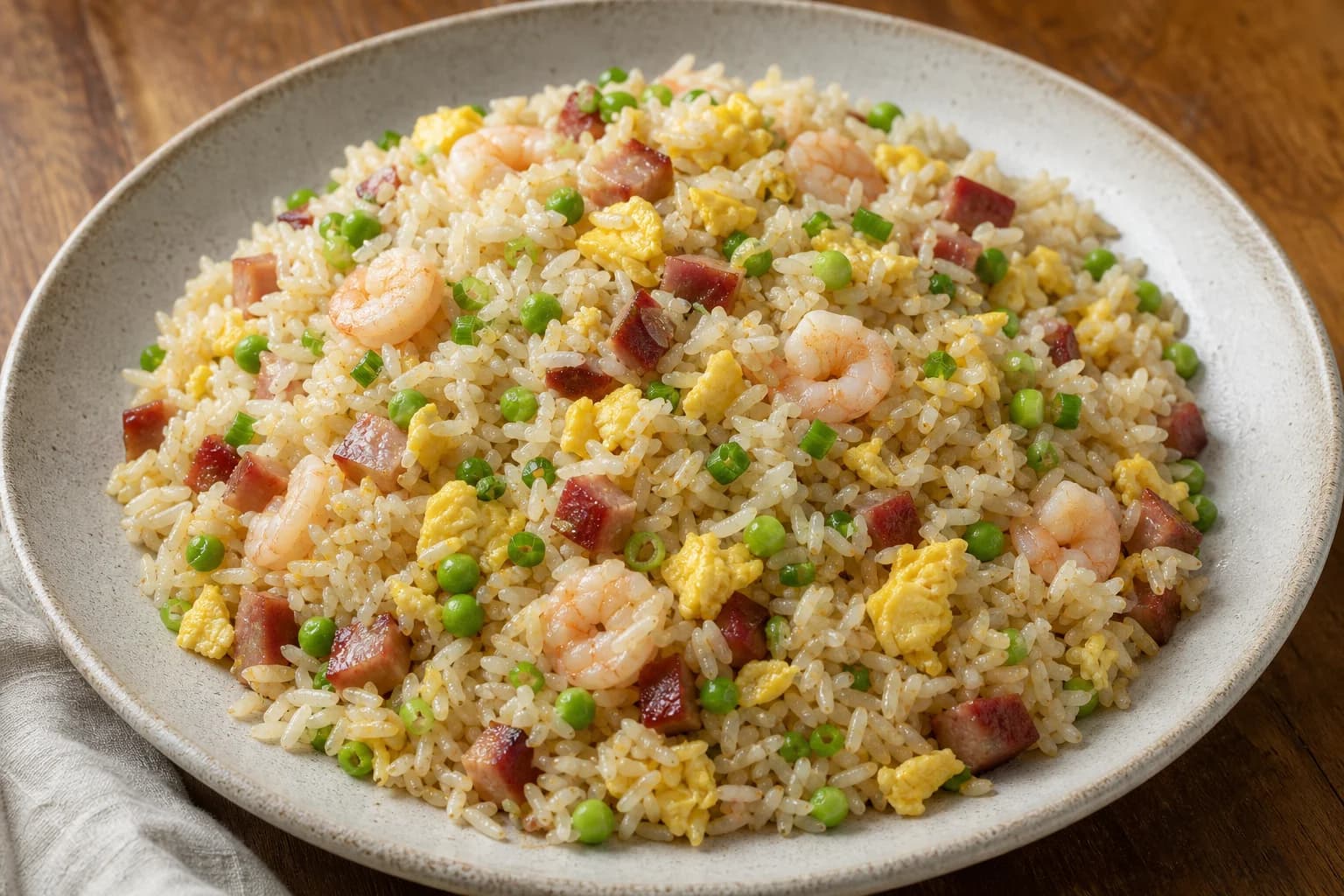 Yangzhou fried rice with separate glossy grains, broad egg curds, char siu, shrimp, peas, and scallions.