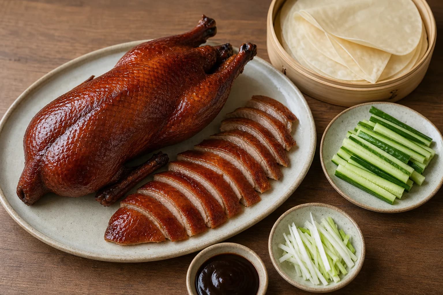 Home-oven Beijing-style roast duck with deep mahogany crisp skin, carved meat, thin pancakes, cucumber, scallion, and sweet wheat paste.