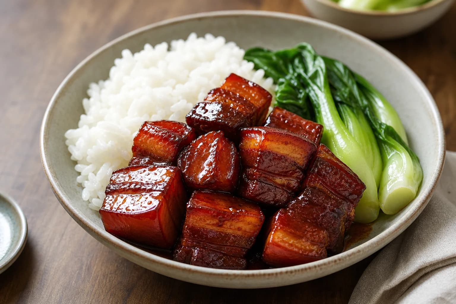Shanghai red-braised pork belly with glossy red-brown cubes, intact skin-fat-meat layers, rice, and bok choy.