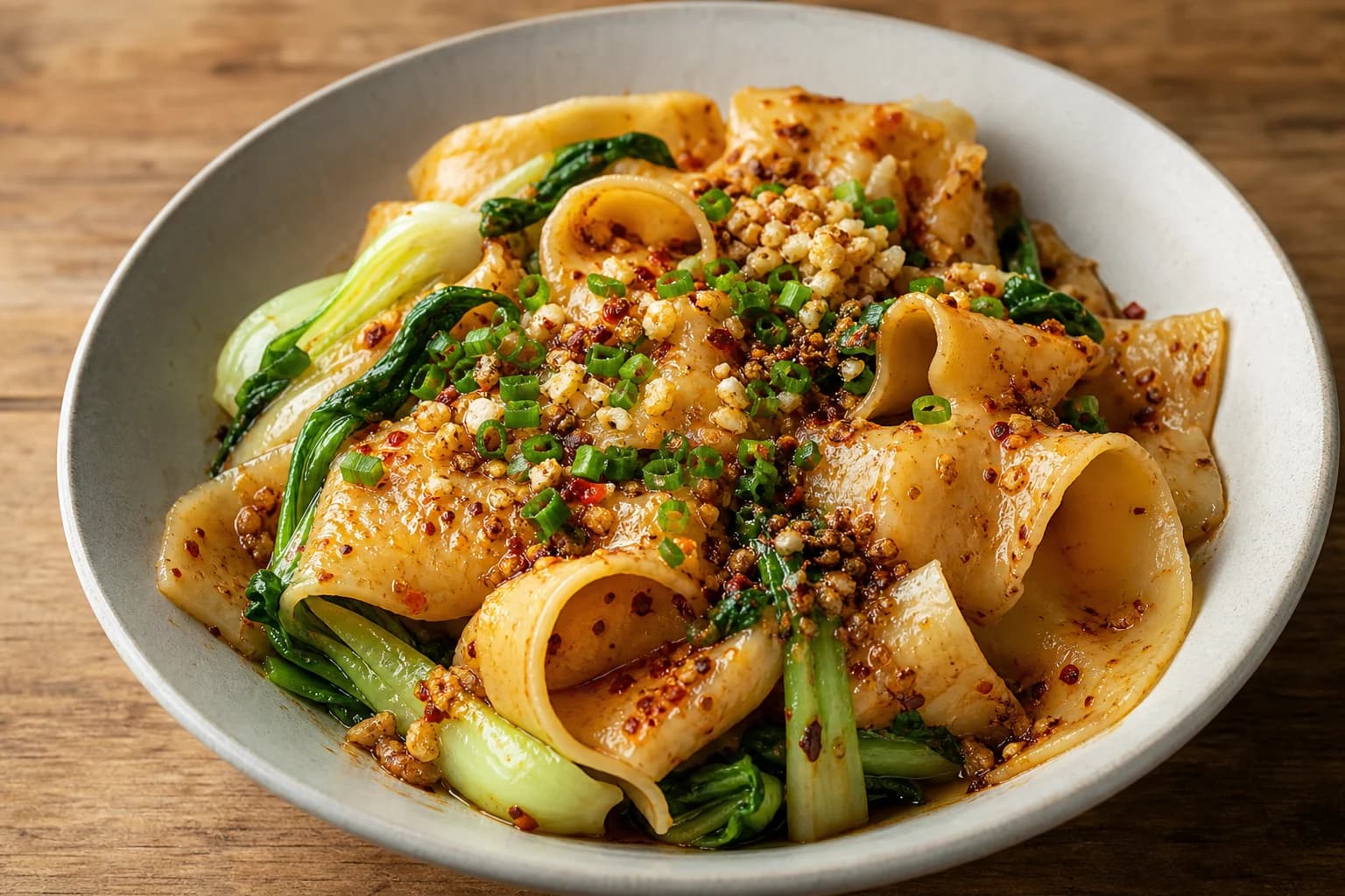 Xi’an biang biang noodles with broad hand-pulled belts, bok choy, garlic, scallion, chile flakes, cumin, vinegar, and hot oil.