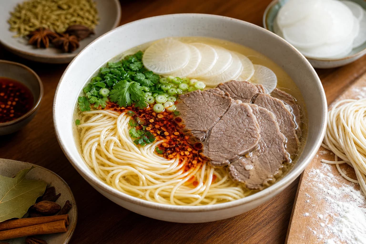 Lanzhou hand-pulled beef noodle soup with fine even noodles, clear broth, sliced shank, daikon, chile oil, cilantro, and scallion.