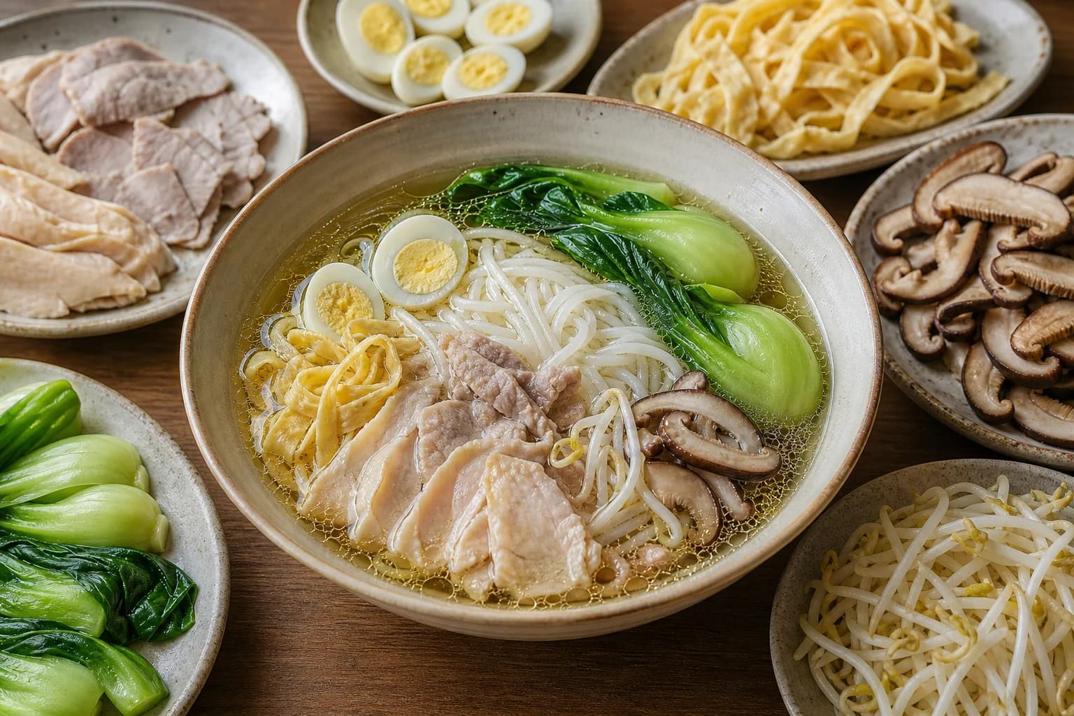 Yunnan crossing-the-bridge rice noodles with clear hot broth, rice noodles, sliced chicken and pork, quail eggs, tofu skin, mushrooms, greens, and herbs.
