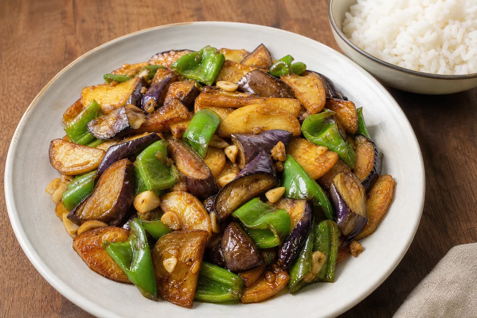 Dongbei di san xian with golden potato, tender browned eggplant, blistered green peppers, garlic, and a thin glossy sauce.