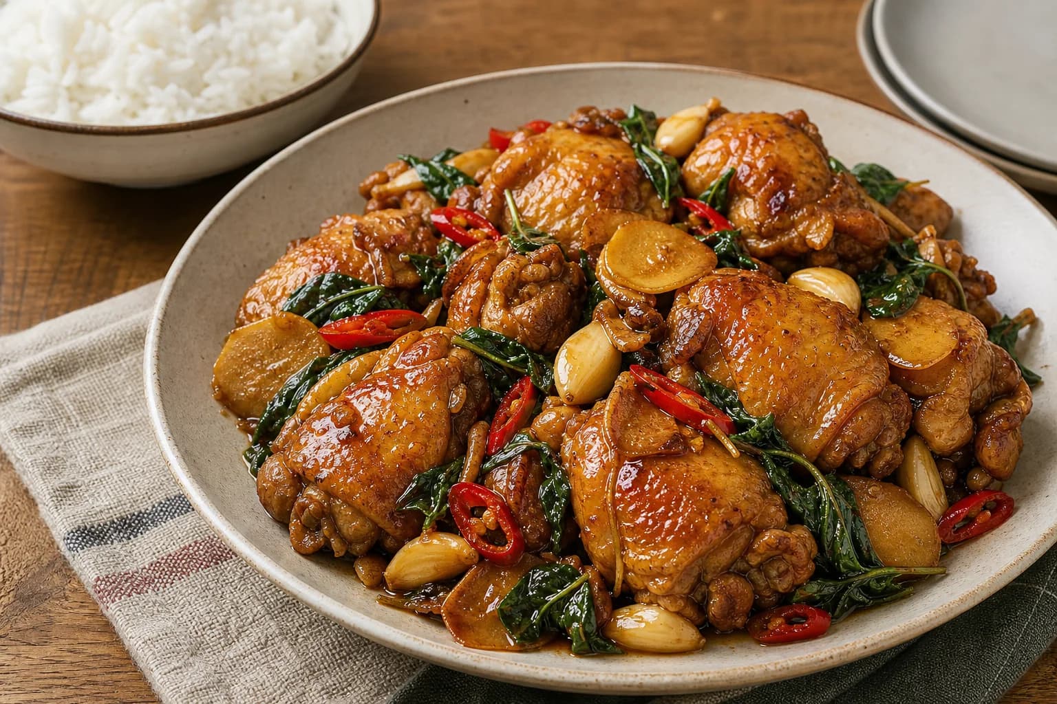 Taiwanese three cup chicken with glossy browned bone-in pieces, ginger, garlic, red chile, and wilted Taiwanese basil over rice.