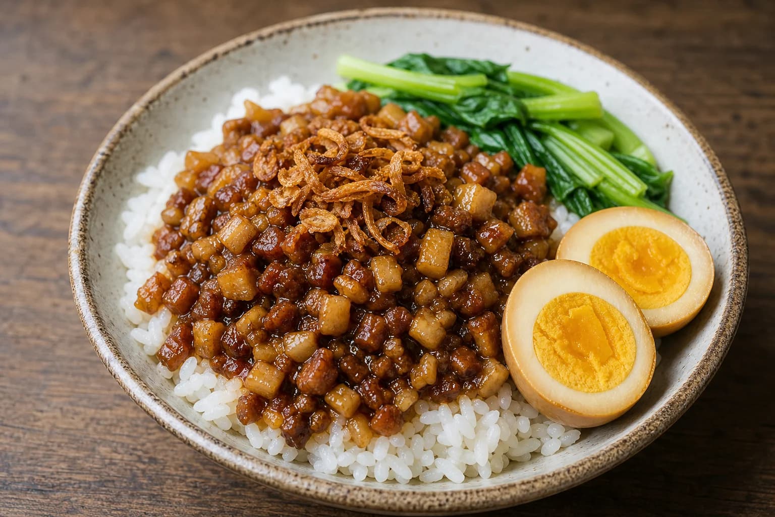 Taiwanese lu rou fan with finely diced glossy pork belly and sauce over rice, halved braised egg, greens, and crisp shallots.