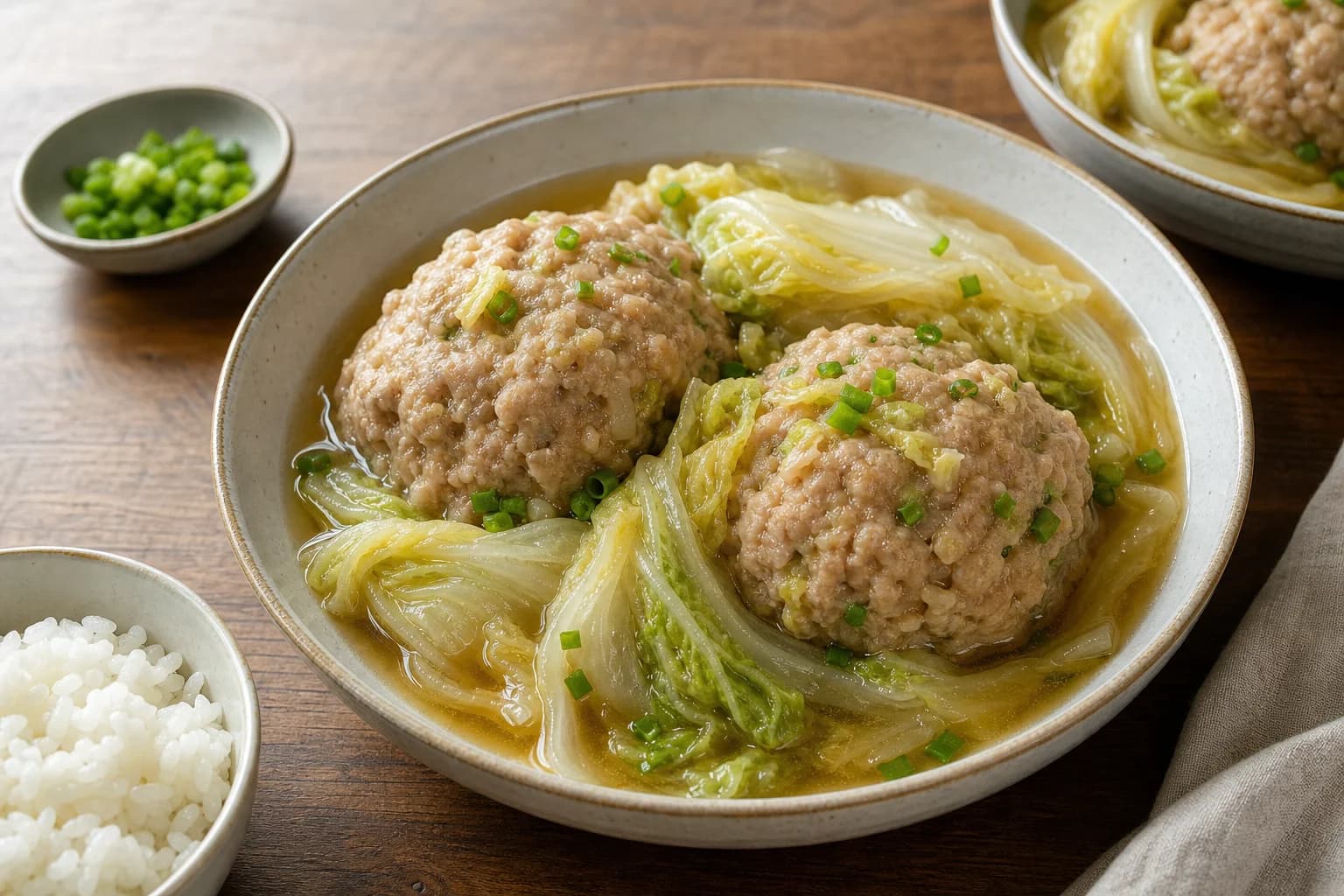 Chinese lion’s head pork meatballs in napa cabbage and clear brown broth, with six large tender meatballs and rice.