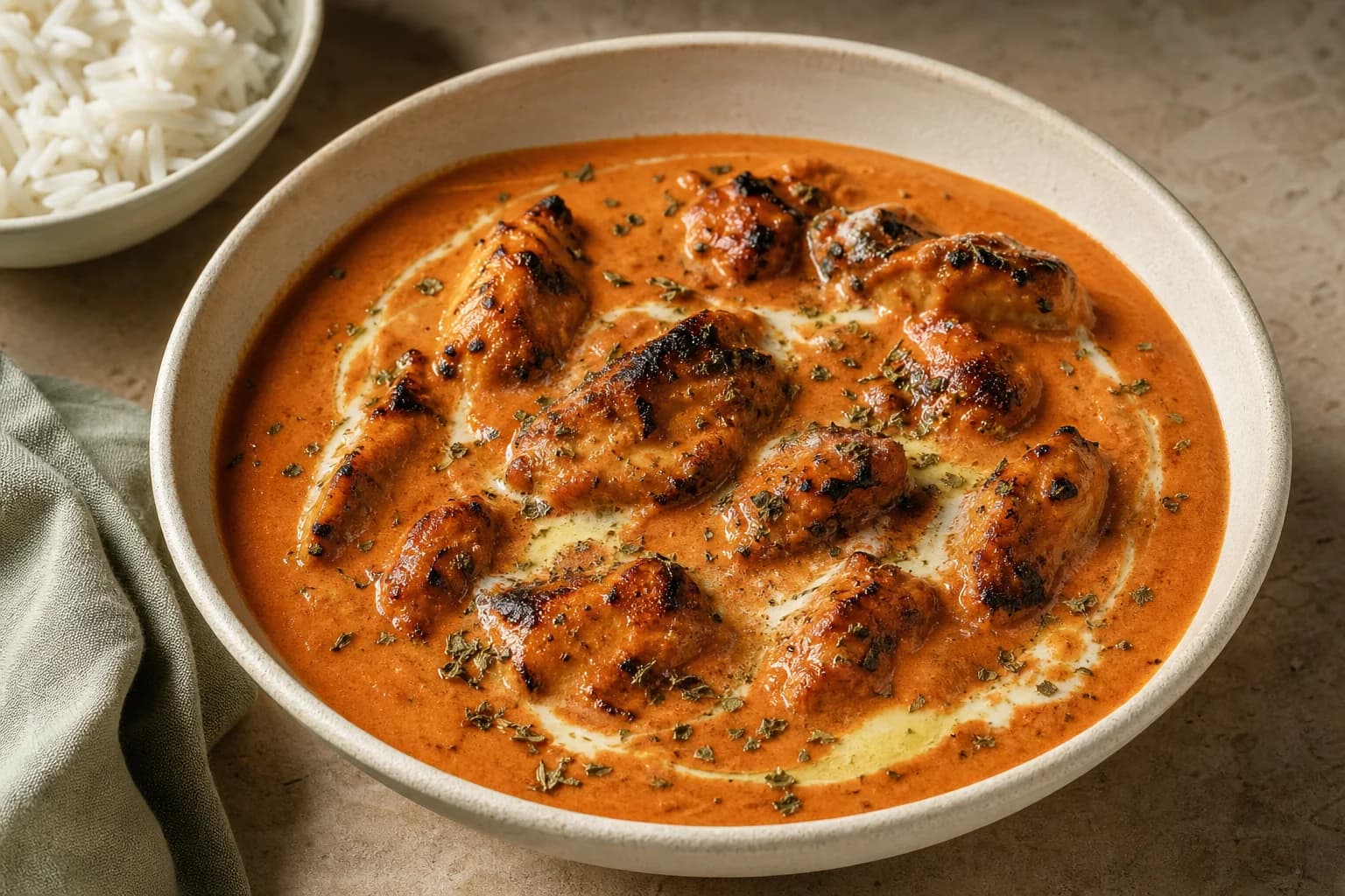 Delhi-style butter chicken with charred chicken pieces in smooth orange-red tomato, butter, cashew, cream, and fenugreek gravy beside basmati rice.