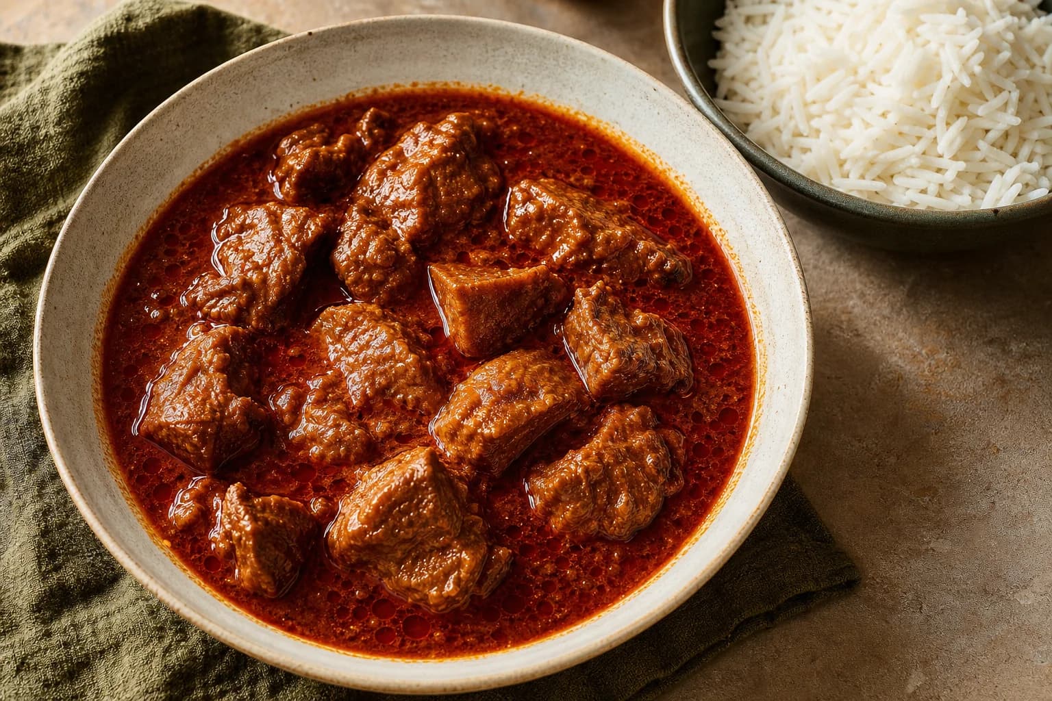 Kashmiri rogan josh with tender lamb pieces in deep red yogurt, fennel, dry ginger, and Kashmiri chile sauce beside basmati rice.