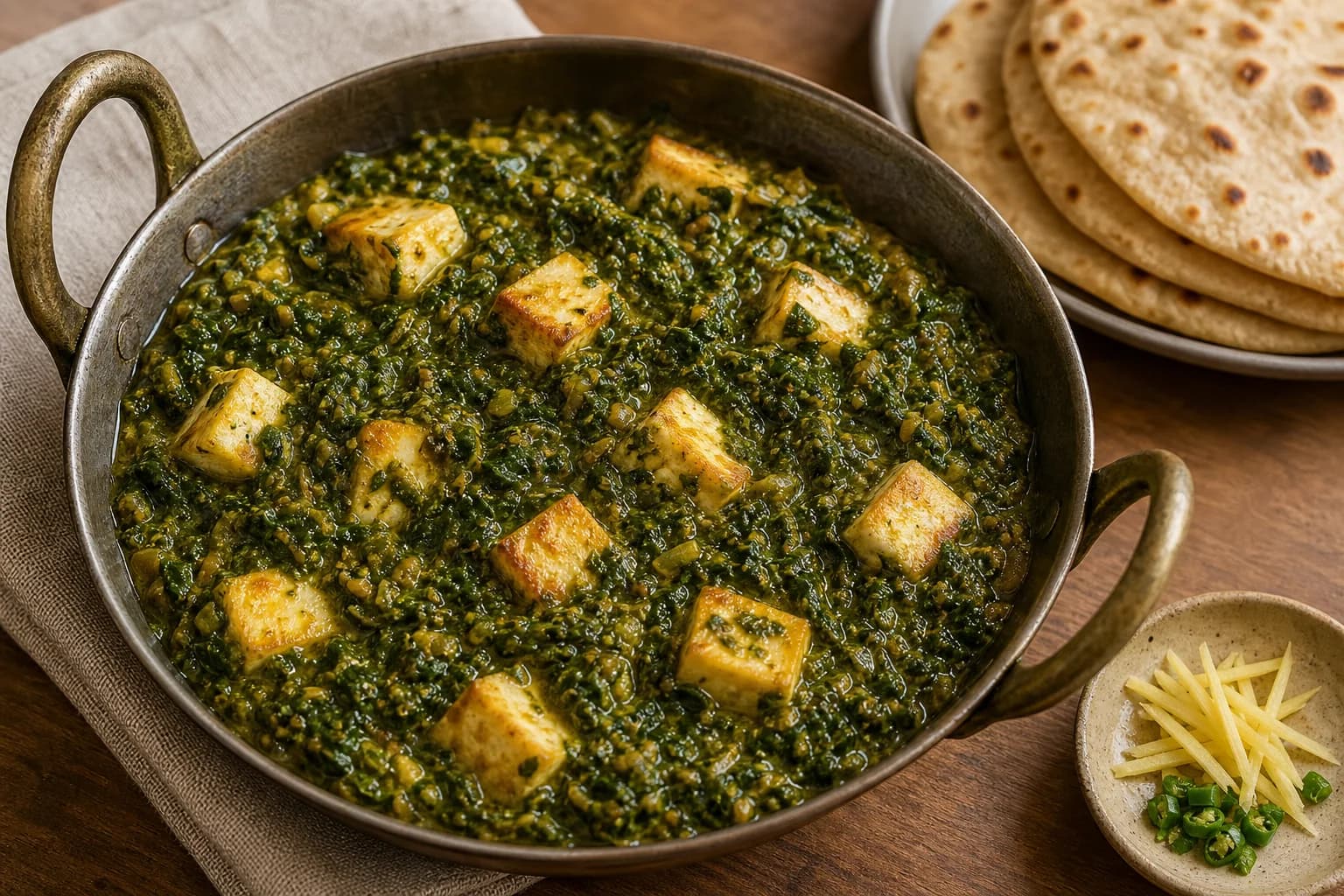 Punjabi-style mixed-green saag paneer with coarse mustard and spinach greens, tender browned paneer cubes, ginger, garlic, and roti.