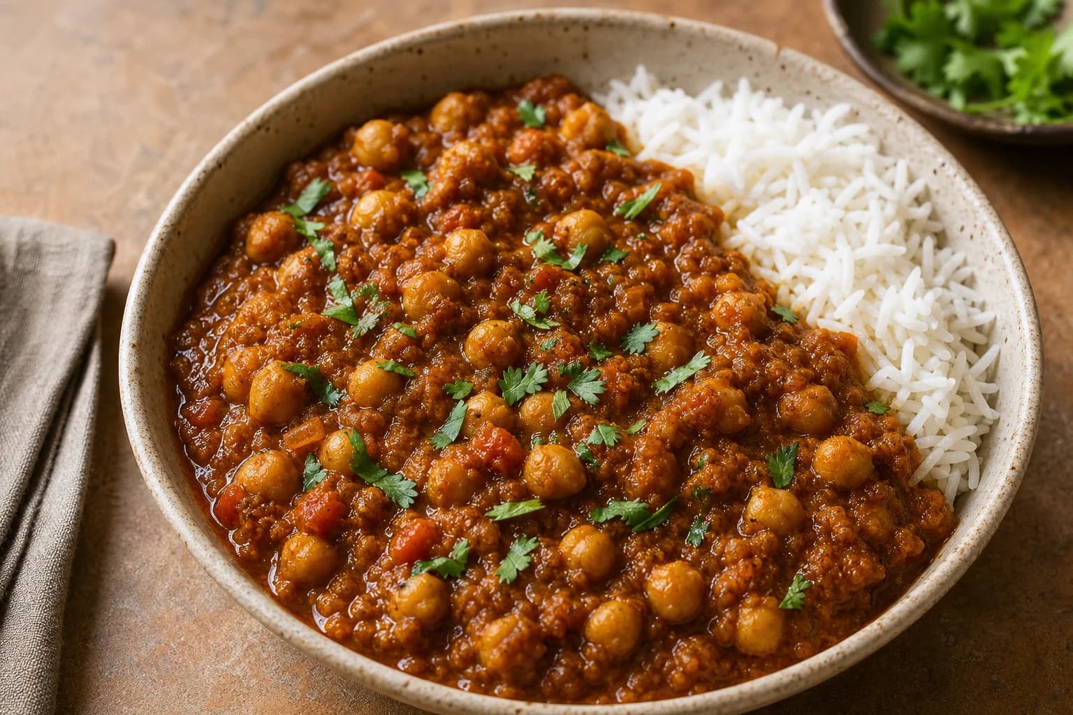 North Indian chana masala with intact tender chickpeas in thick onion-tomato masala, cilantro, and basmati rice.