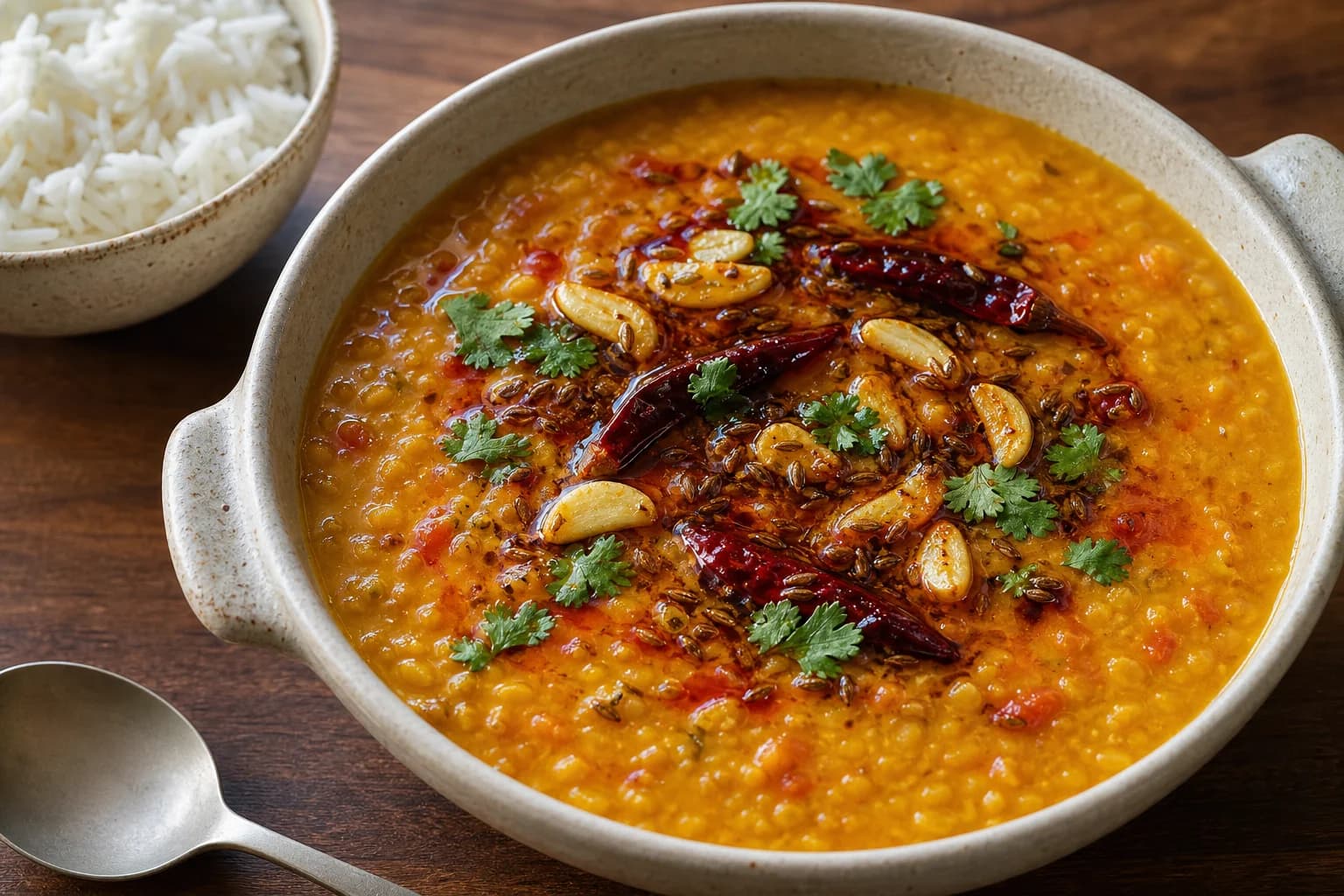 Indian dal tadka with creamy yellow-orange lentils, a sizzling cumin, garlic, and dried-chile tempering, cilantro, and rice.