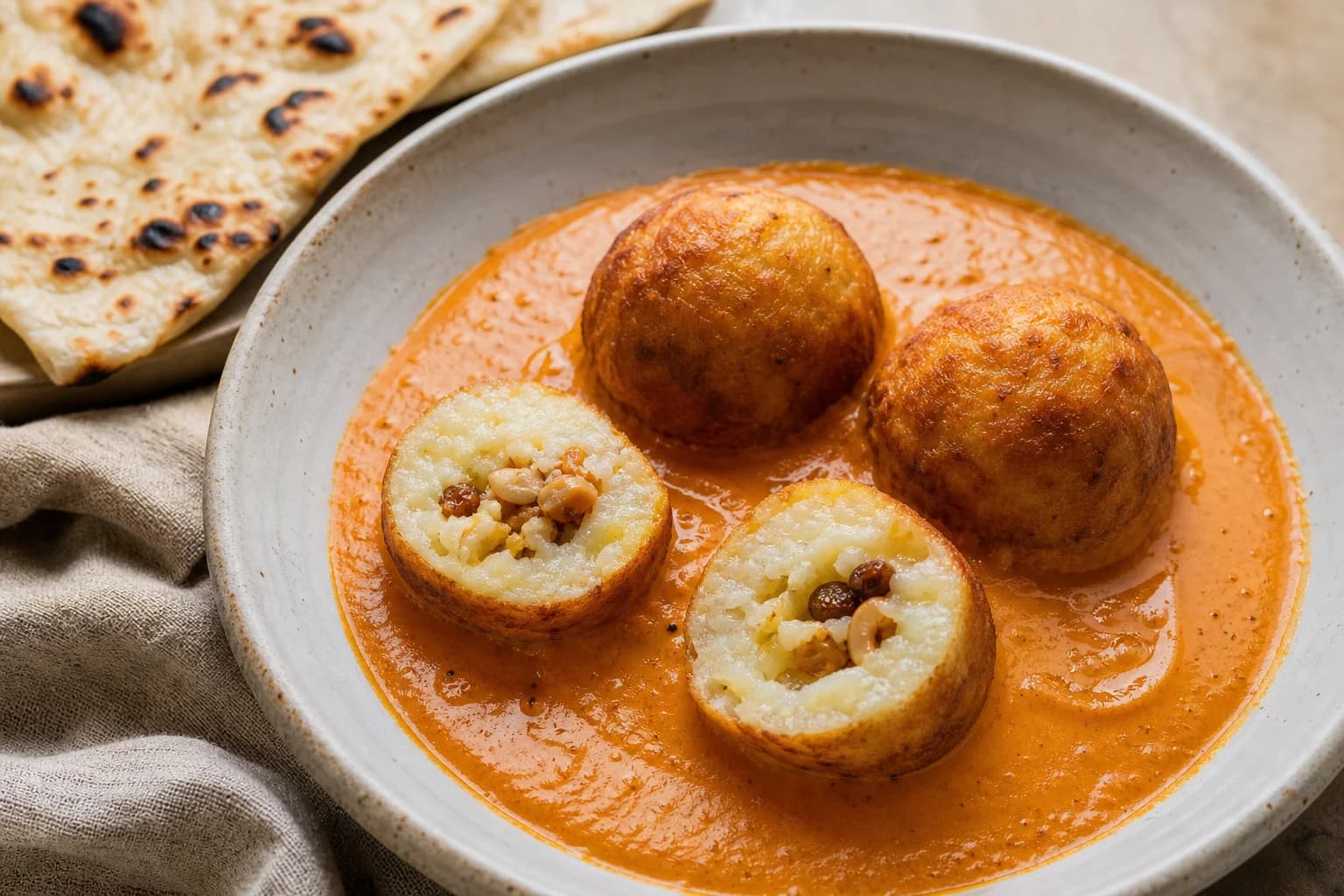 North Indian malai kofta with deep-golden potato-paneer dumplings in silken cashew-tomato cream gravy, naan, and crisp tops visible.