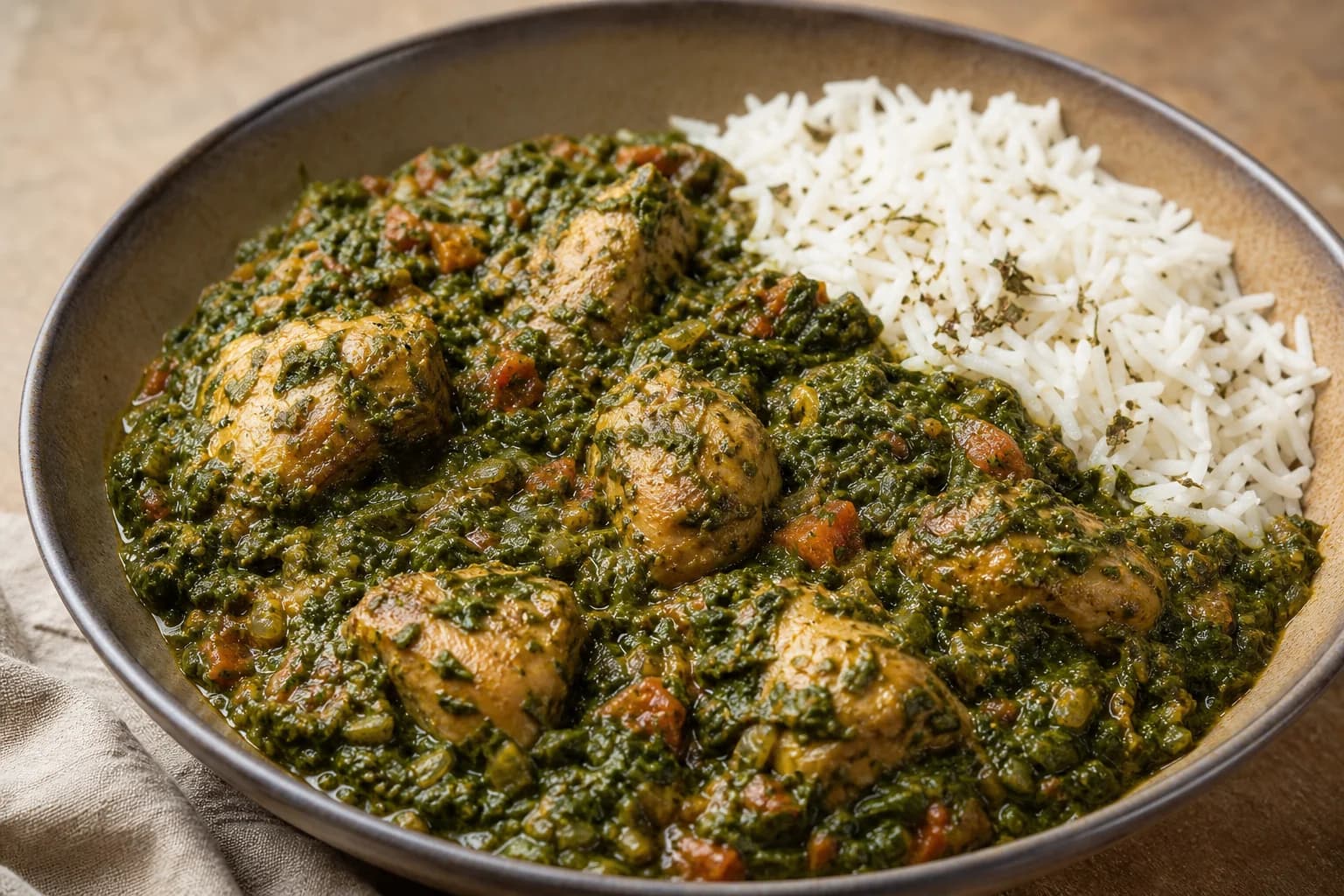 North Indian palak chicken with tender chicken pieces in coarse bright spinach, tomato, ginger, garlic, and fenugreek sauce beside rice.